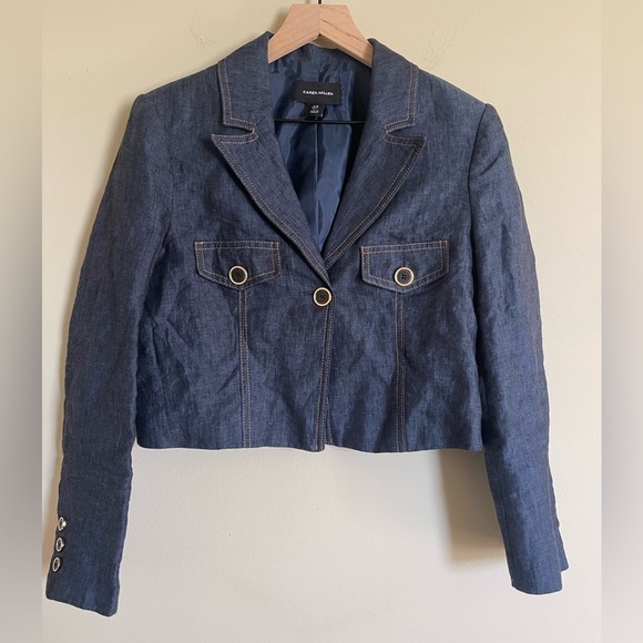 Karen Millen Premium Tailored Linen Cropped Pocket Detail Blazer Dark Wash 6 - Picture 2 of 7